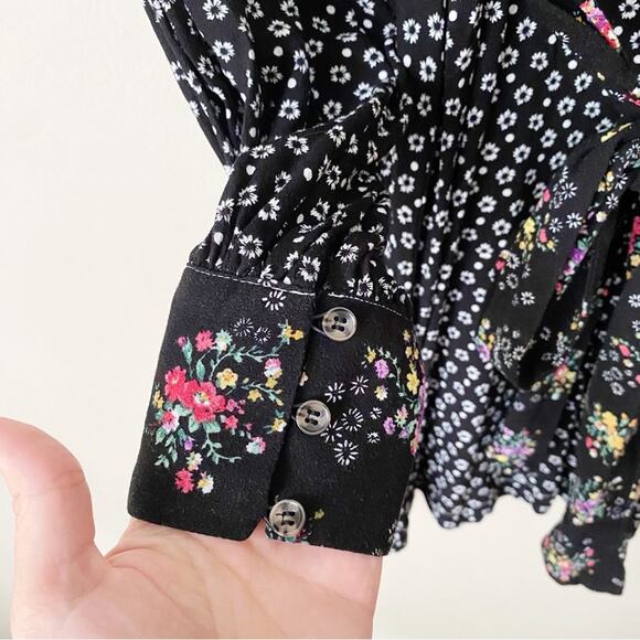 Free People | Wonderland Mini Dress Floral Waist Tie Fit Flare Boho Black Small - Picture 7 of 9